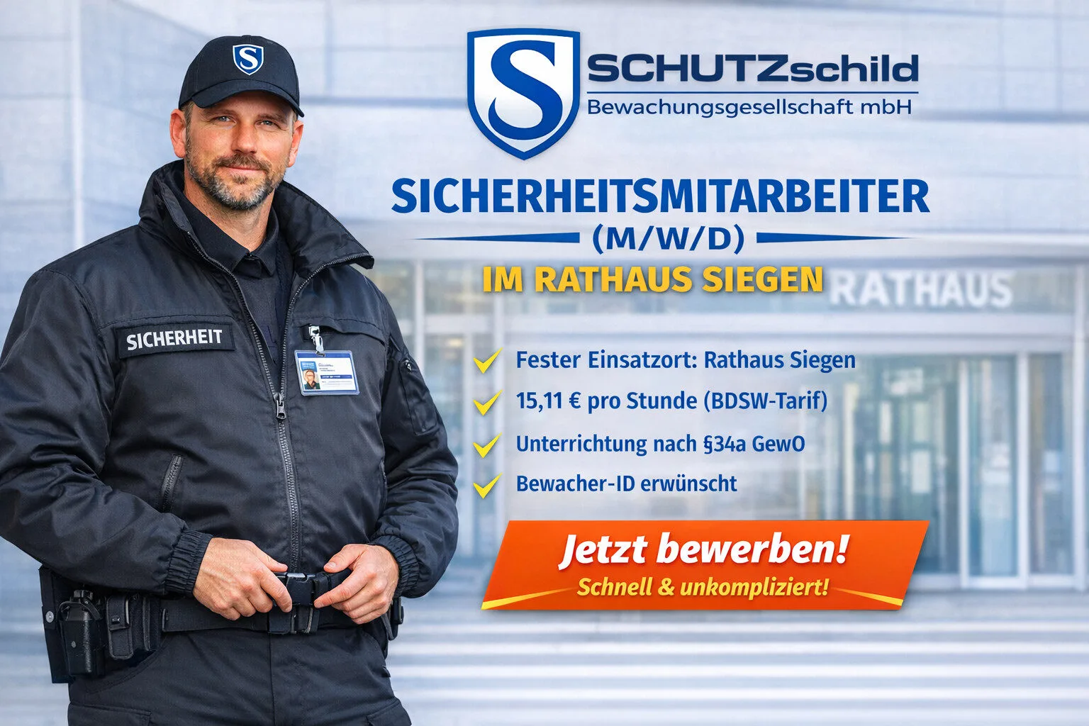 #SicherheitsdienstSiegen #Sicherheitsmitarbeiter #Pfortendienst #Objektschutz #SecurityJobNRW #SicherheitsjobSiegen #RathausSiegen #BDSWTarif #34aGewO #BewacherID #ÖffentlicherDienst #SecurityKarriere