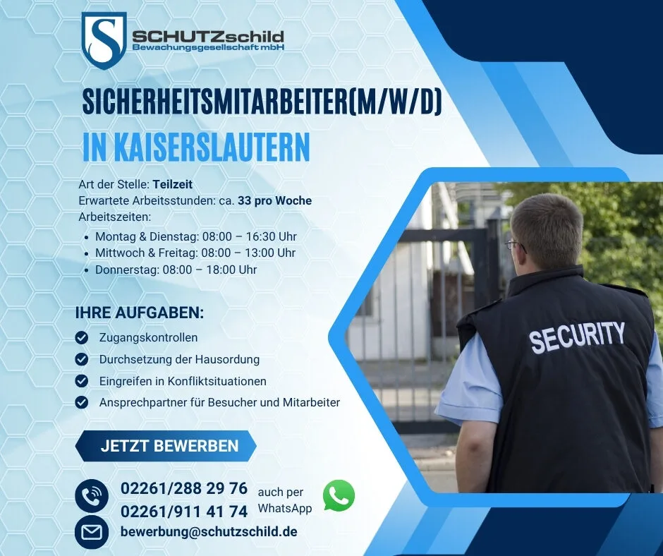 #JobsKaiserslautern #Sicherheitsdienst #34aGewO #TeilzeitJob #Separatwachdienst #Sicherheitsmitarbeiter #JobSicherheit #Stellenanzeige #BewerbungJetzt #KaiserslauternJobs #KarriereImSicherheitsdienst