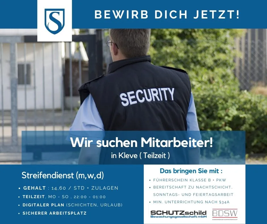 #Sicherheitsdienst #SecurityJob #Streifendienst #Kleve #TeilzeitJob #Nachtschicht #Sicherheitsmitarbeiter #Kilometergeld #34aGewO #Objektschutz #KarriereinSicherheit