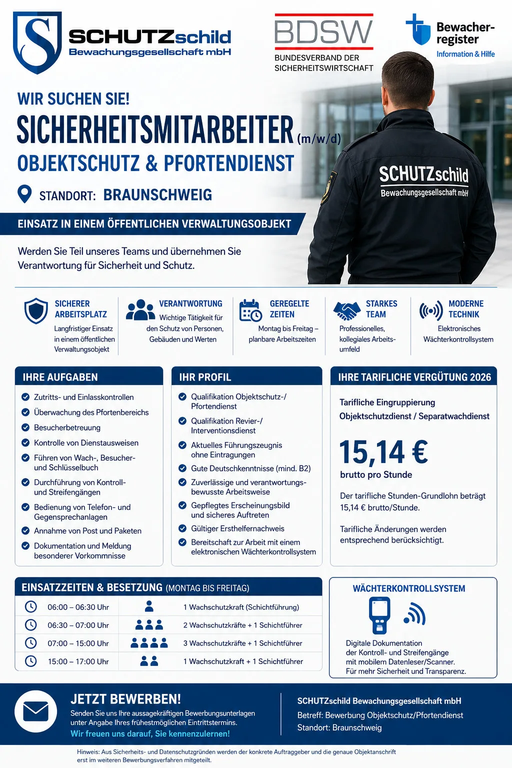 Bewerbung Sicherheitsmitarbeiter – Objektschutz/Pfortendienst Braunschweig