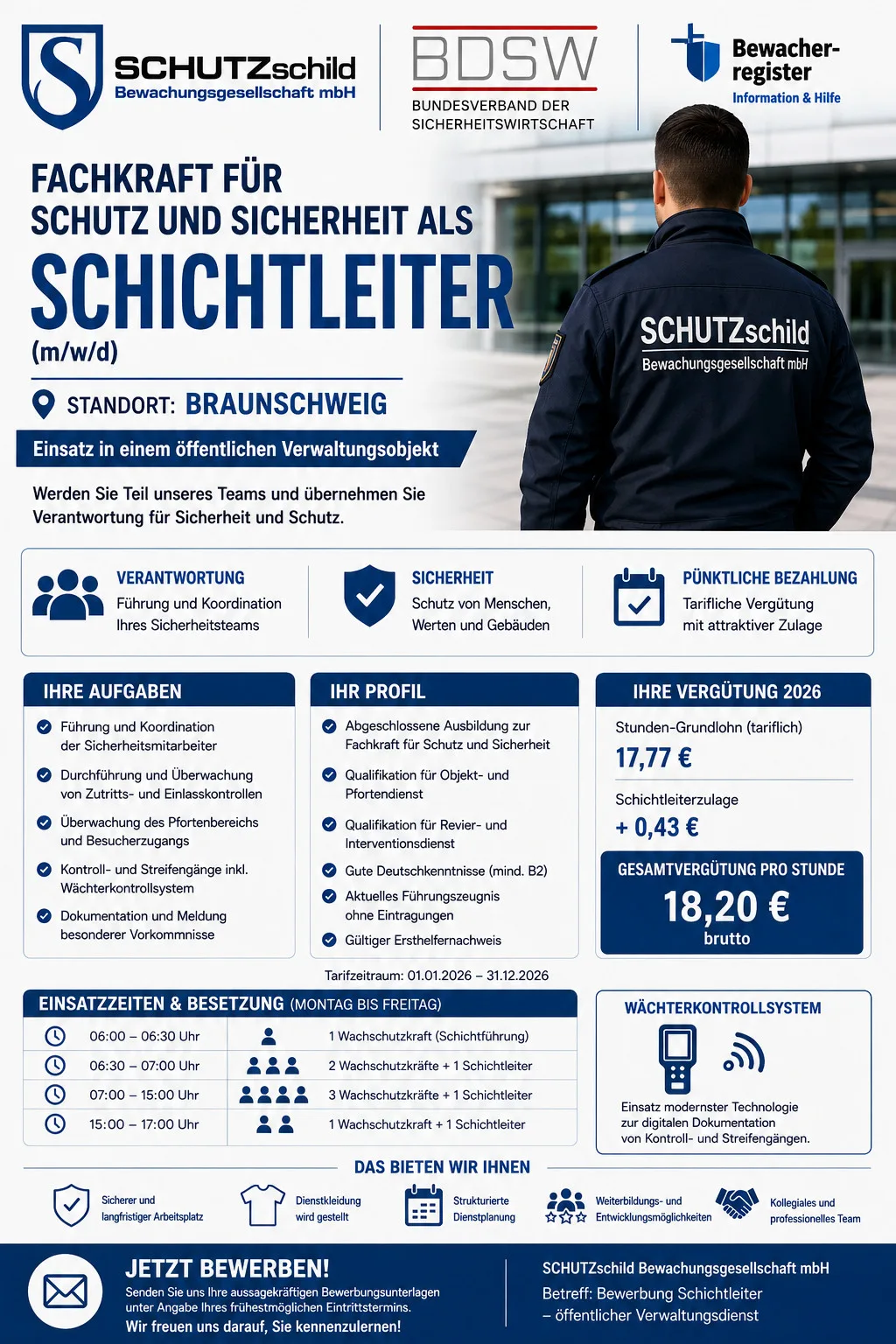 Fachkraft für Schutz und Sicherheit als Schichtleiter (m/w/d) für den Einsatz in einem öffentlichen Verwaltungsobjekt in Braunschweig.